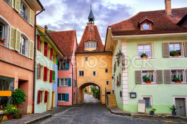 Colorful houses in Saint Ursanne, Jura, Switzerland - GlobePhotos - royalty free stock images