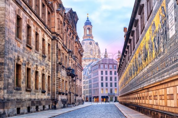 Dresden, Germany, mosaic wall and Frauenkirche cathedral in background - GlobePhotos - royalty free stock images