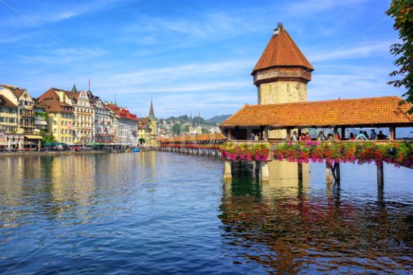 Wooden Chapel bridge in Lucerne old town, Switzerland - GlobePhotos - royalty free stock images