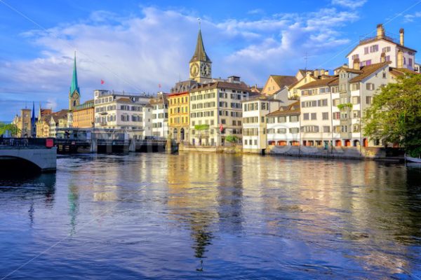 Old town of Zurich with Clock Tower, Switzerland - GlobePhotos - royalty free stock images