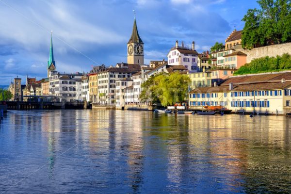 Old town of Zurich with Clock Tower, Switzerland - GlobePhotos ...