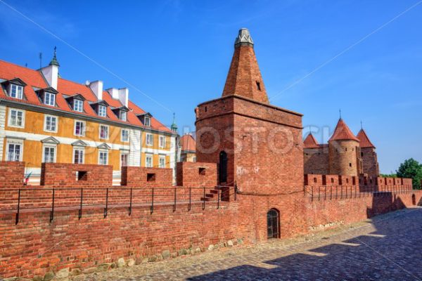 Red brick walls and towers of Warsaw Barbican, Poland - GlobePhotos - royalty free stock images