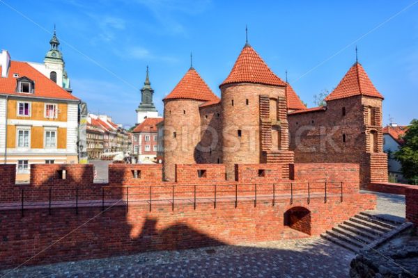 Red brick walls and towers of Warsaw Barbican, Poland - GlobePhotos - royalty free stock images