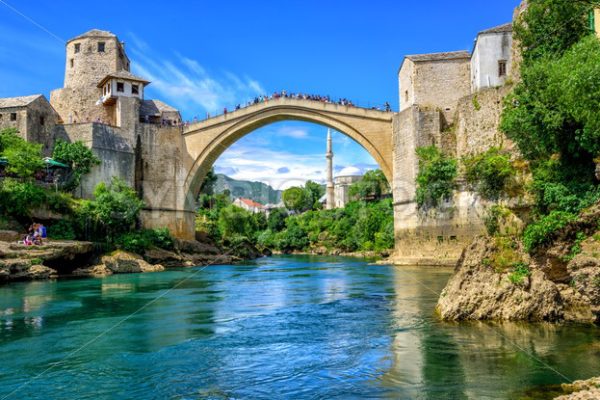 Old Bridge and Mosque in the Old Town of Mostar, Bosnia - GlobePhotos - royalty free stock images