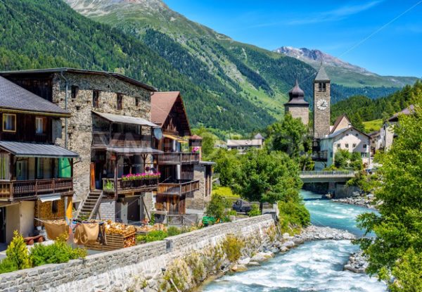 Swiss village in Alps mountains, Grisons, Switzerland - GlobePhotos - royalty free stock images