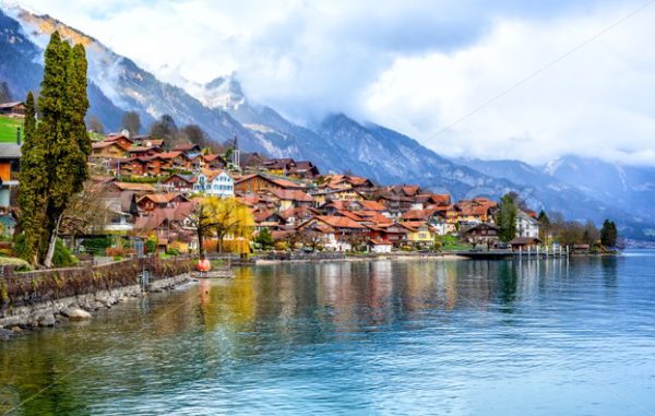 Old town and Alps mountains on Brienzer Lake, Switzerland - GlobePhotos - royalty free stock images