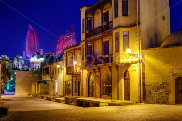 Baku Old Town and Flame Towers at night, Azerbaijan - GlobePhotos - royalty free stock images