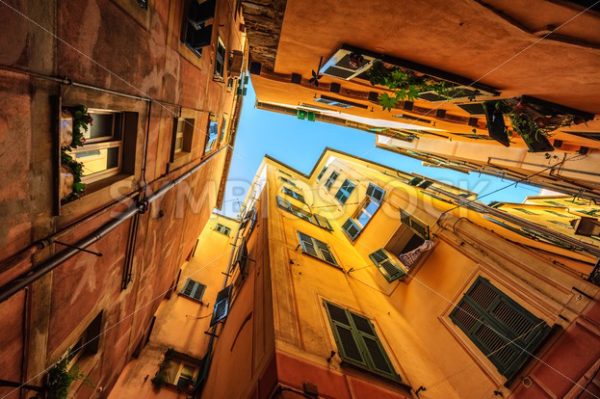 Traditional houses in a narrow street in Genoa, Italy - GlobePhotos - royalty free stock images