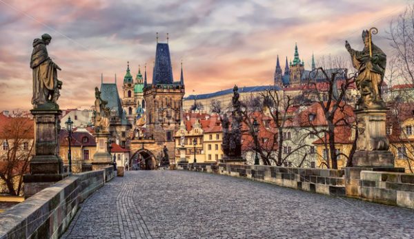 Charles bridge and Prague castle on sunset, Czech Republic - GlobePhotos - royalty free stock images