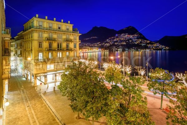 Lake Lugano and Monte Bre, Switzreland, at night - GlobePhotos - royalty free stock images