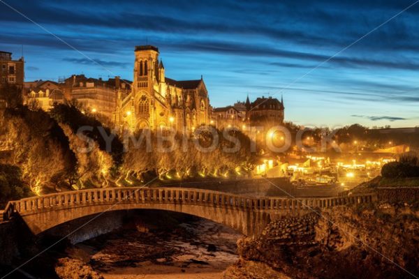 Biarritz, St Eugenia Church and Old Port at night, Basque country, France - GlobePhotos - royalty free stock images