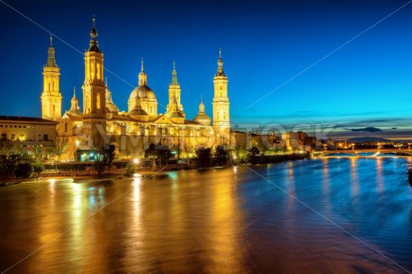 Zaragoza city, Spain, view over river to Cathedral at evening - GlobePhotos - royalty free stock images