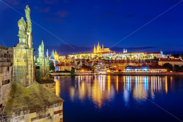 Prague Castle and Charles Bridge at night, Prague, Czech Republic - GlobePhotos - royalty free stock images