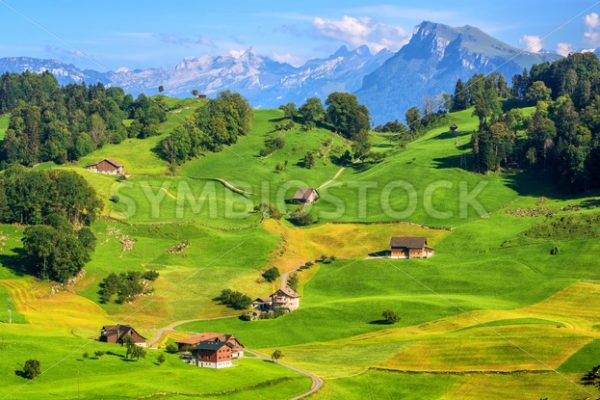 Idyllic green meadows and Alps mountains landscape, Switzerland - GlobePhotos - royalty free stock images