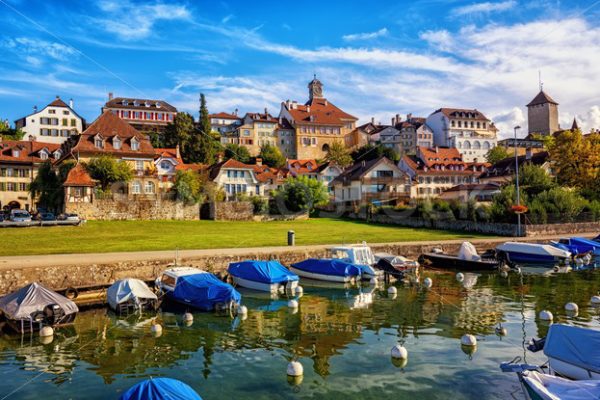 Picturesque medieval Old Town of Murten on Lake Morat, Switzerland - GlobePhotos - royalty free stock images