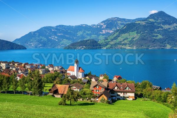 Traditional village on Lake Lucerne in swiss Alps, Switzerland - GlobePhotos - royalty free stock images