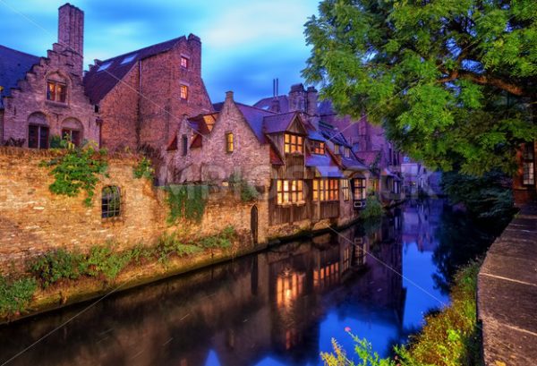 Bruges Old Town, Belgium. Traditional medieval houses on a canal. - GlobePhotos - royalty free stock images