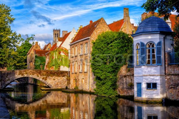 Historical brick houses in Bruges medieval Old Town, Belgium - GlobePhotos - royalty free stock images