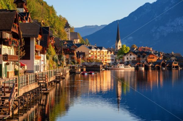 Traditional wooden village Hallstatt on Lake Hallstatt in european Alps, Austria - GlobePhotos - royalty free stock images