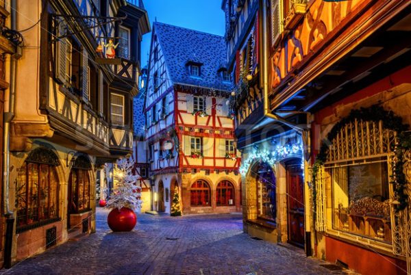 Traditional Christmas decorations and illumination in Colmar Old Town, Alsace, France - GlobePhotos - royalty free stock images