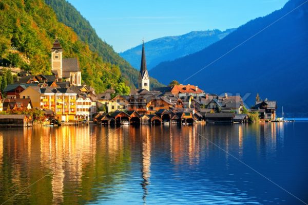 Traditional wooden village Hallstatt on Lake Hallstatt in european Alps, Austria - GlobePhotos - royalty free stock images