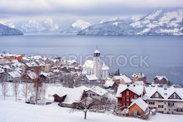 Beckenried village on Lake Lucerne, swiss Alps mountains, Switzerland, view in winter time - GlobePhotos - royalty free stock images