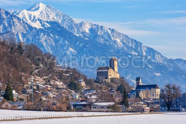 Sargans town and historical castle in Alps mountains, Switzerland - GlobePhotos - royalty free stock images