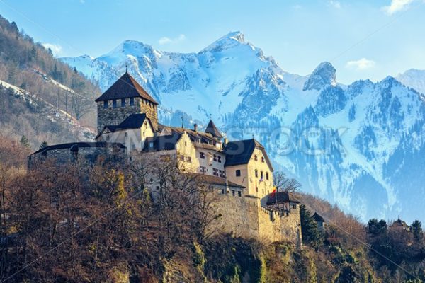 Vaduz Castle, Liechtenstein, with snow covered Alps mountains in background - GlobePhotos - royalty free stock images