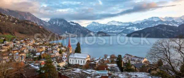 Weggis village on Lake Lucerne, swiss Alps mountains, Switzerland - GlobePhotos - royalty free stock images