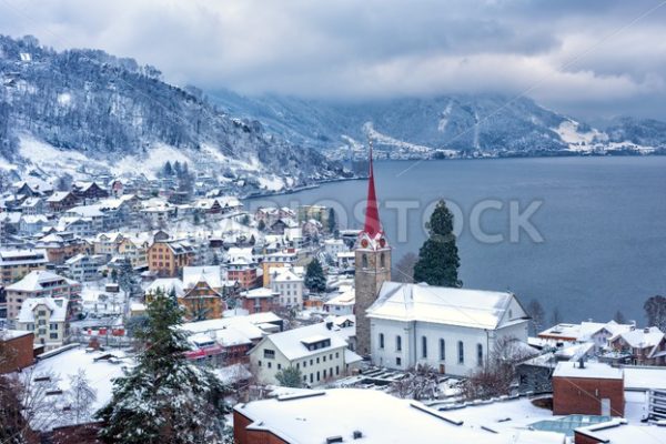 Weggis village on Lake Lucerne, swiss Alps mountains, Switzerland, in winter time - GlobePhotos - royalty free stock images