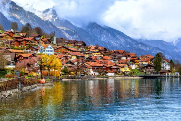 Old town and Alps mountains on Brienzer Lake, Switzerland - GlobePhotos - royalty free stock images