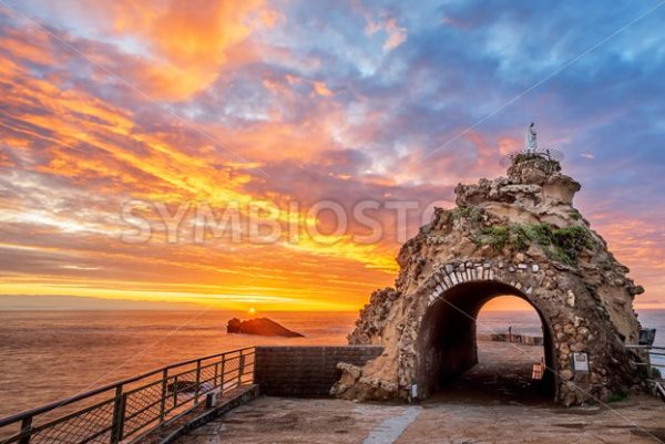 Biarritz, France, Rock of the Virgin on dramatical sunset - GlobePhotos - royalty free stock images