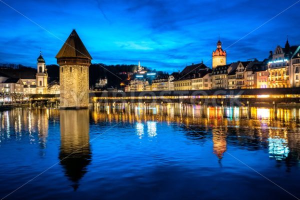 Lucerne, Switzerland, the Old town and Chapel bridge in the late evening blue light - GlobePhotos - royalty free stock images