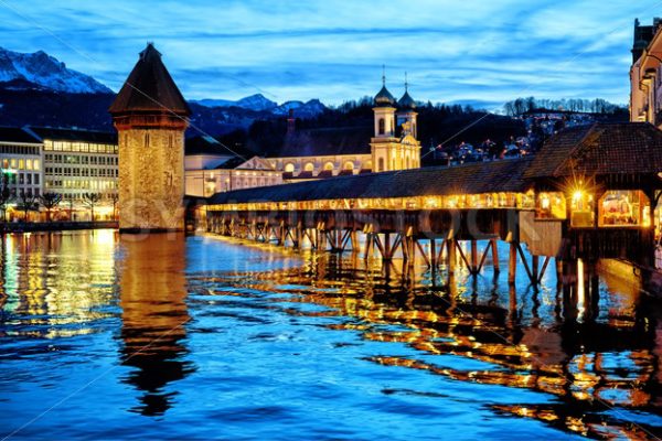 Lucerne, Switzerland, the Old town and Chapel bridge in the late evening blue light - GlobePhotos - royalty free stock images