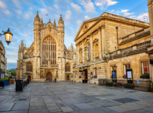 Bath Abbey and roman baths in Bath Old town, England