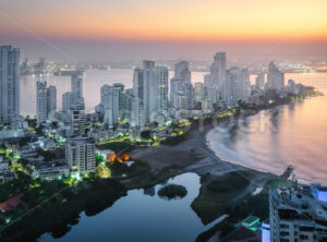 Modern skyscrapers in Cartagena city surrounded by the Caribbean sea on sunrise, Colombia - GlobePhotos - royalty free stock images