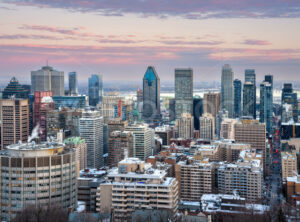 Panorama of the Montreal city skyline in sunset light, Canada