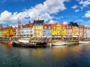 Panoramic view of colorful houses in the Old port of Nyhavn in Copenhagen, Denmark