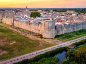 The ramparts and towers of historical Aigues-Mortes town in Camargue region, France