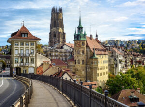 The towers of the Town Hall and Cathedral in Fribourg Old town, Switzerland - GlobePhotos - royalty free stock images